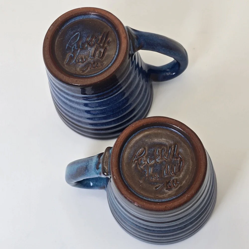 Rackliffe Pottery Blue Hill Maine Pair Signed Studio Pottery Blue Mugs - Picture 8 of 11